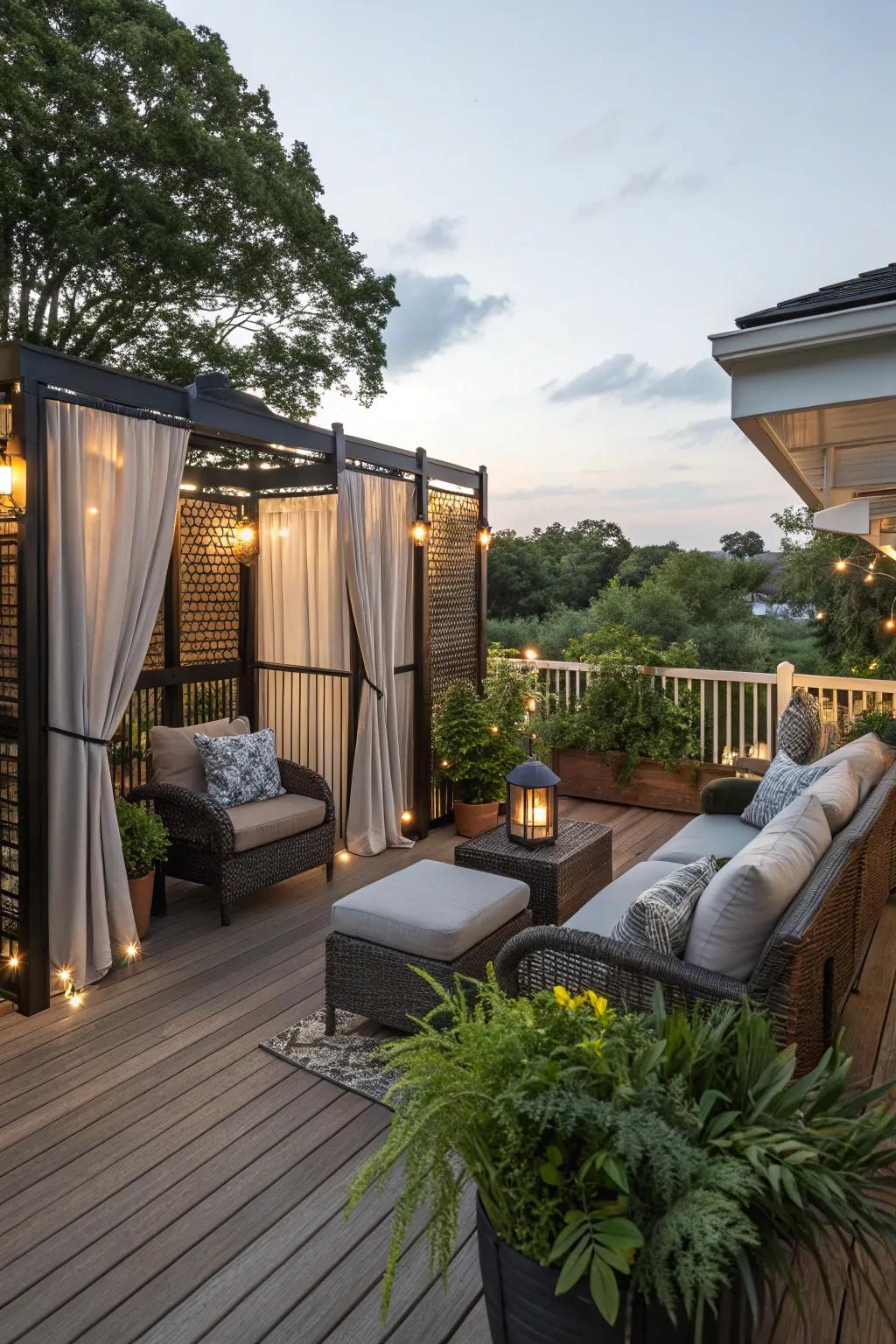 Privacy screens offering seclusion and transforming a deck into a tranquil haven.