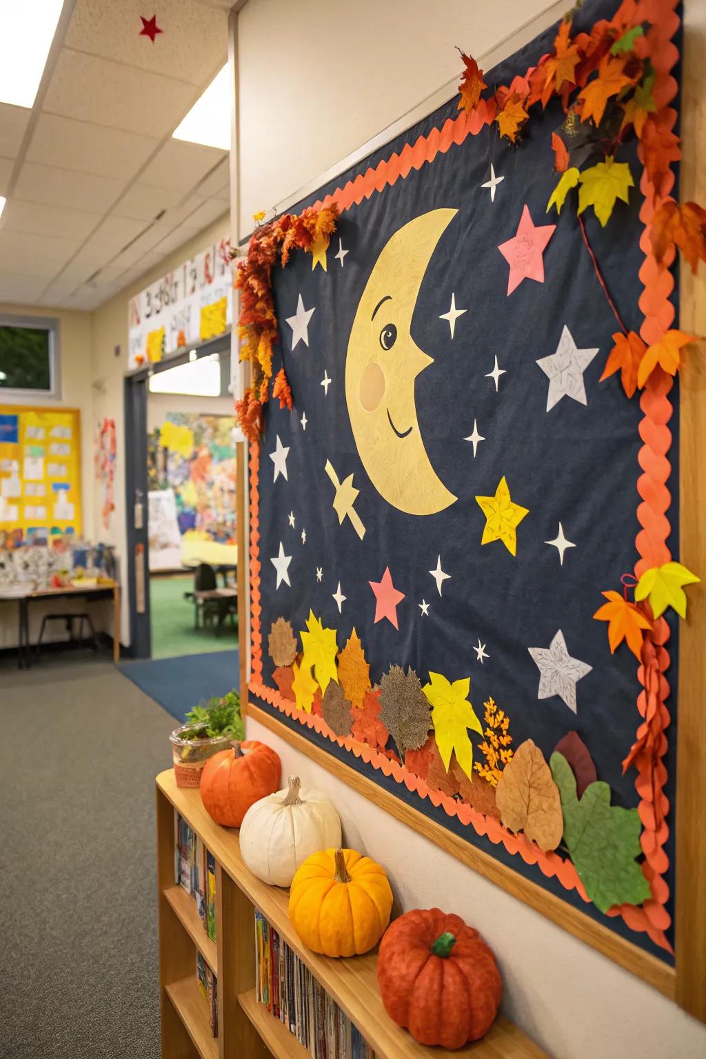A display board highlighting the harvest moon with celestial touches.