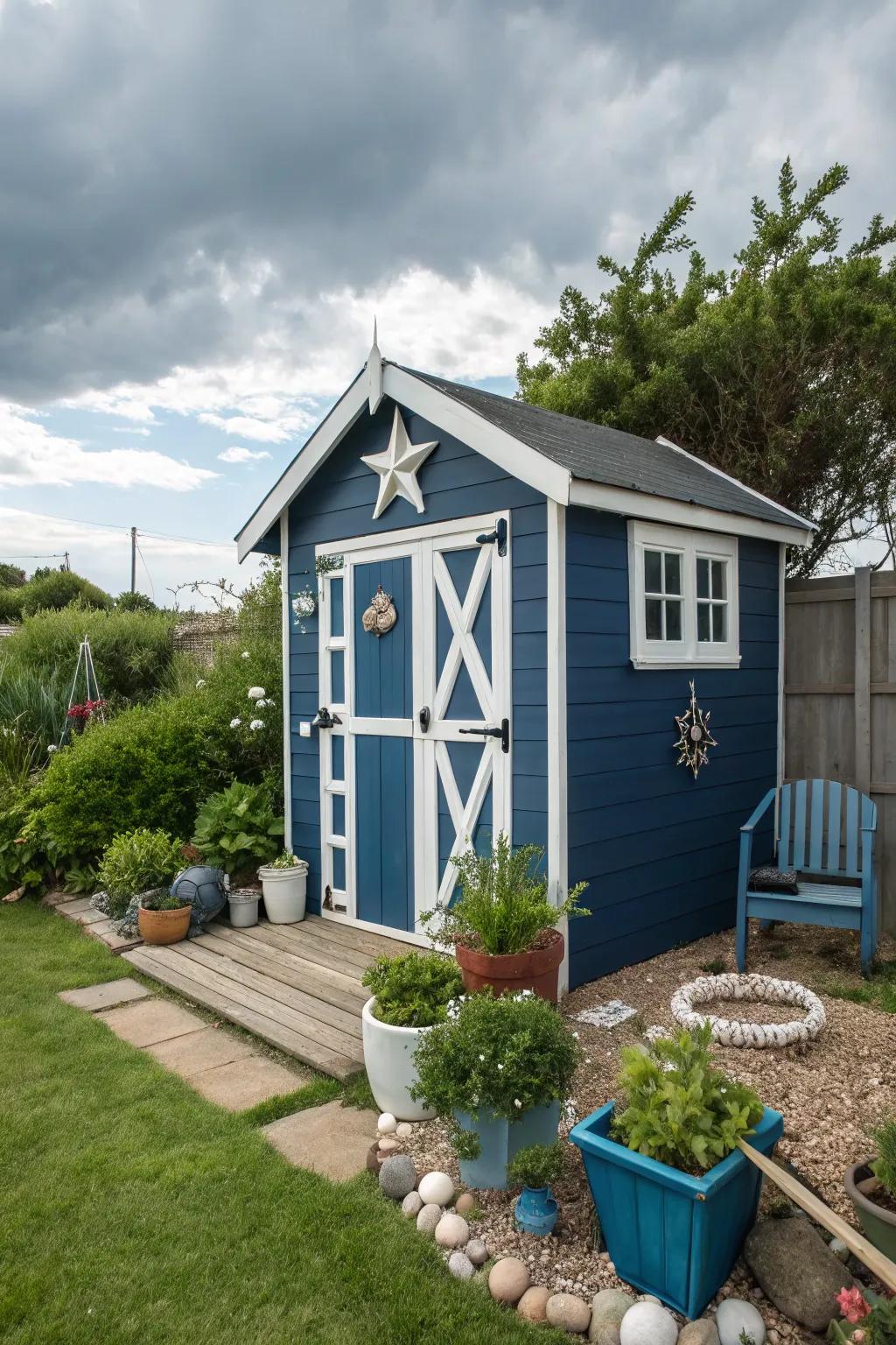 Maritime azure sheds offer a timeless and sophisticated garden aesthetic.