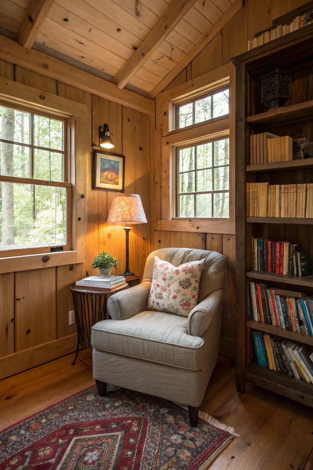 A serene reading corner in a shed home, perfect for relaxation.