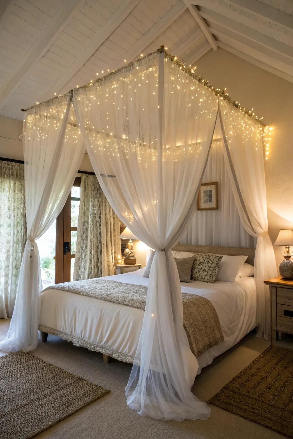 A whimsical bed canopy crafted from gossamer panels appends a snug and magical impression to the sleeping quarters.