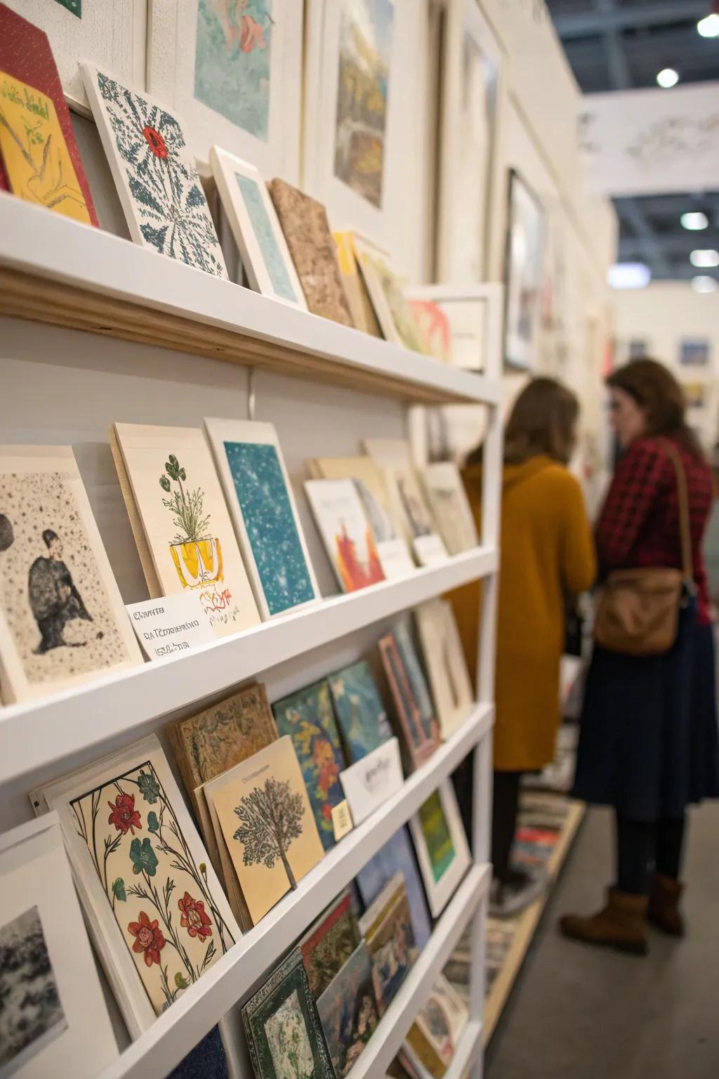 A collection of artworks transforms the shelf into a mini gallery.