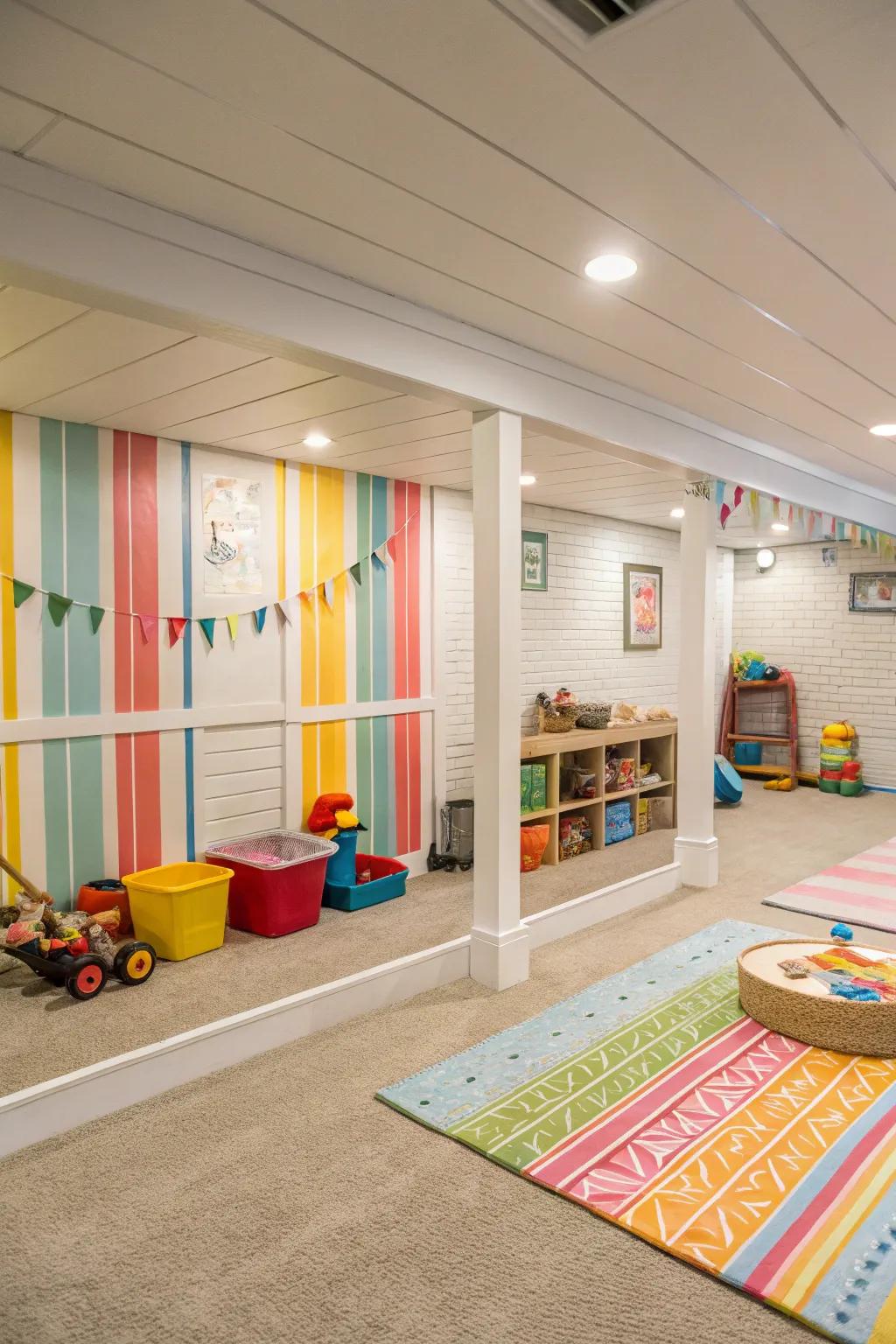 A spirited children's sector inside the basement utilizing colorful paneling walls.