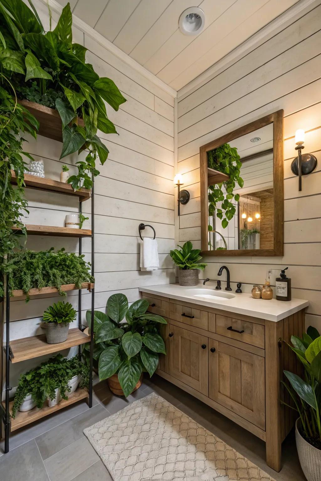A bathroom featuring plank-clad walls enhanced by lush greenery.
