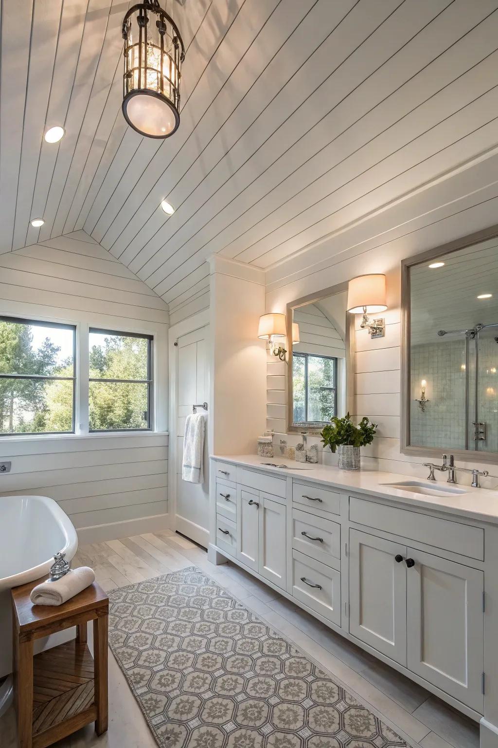 An unconventional yet stylish shiplap ceiling in a bathroom.
