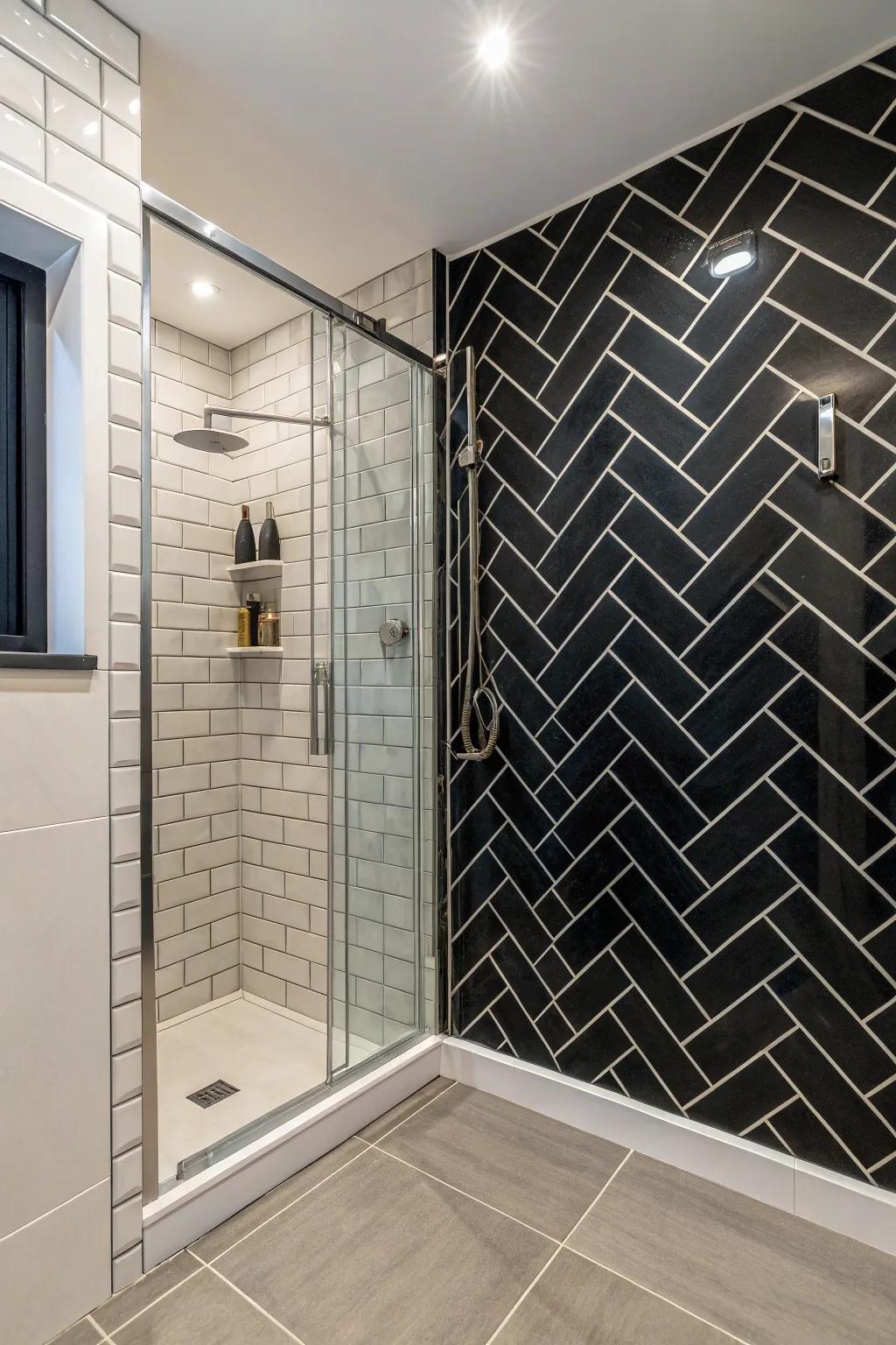 A bold and dramatic shower room with a stunning feature wall.