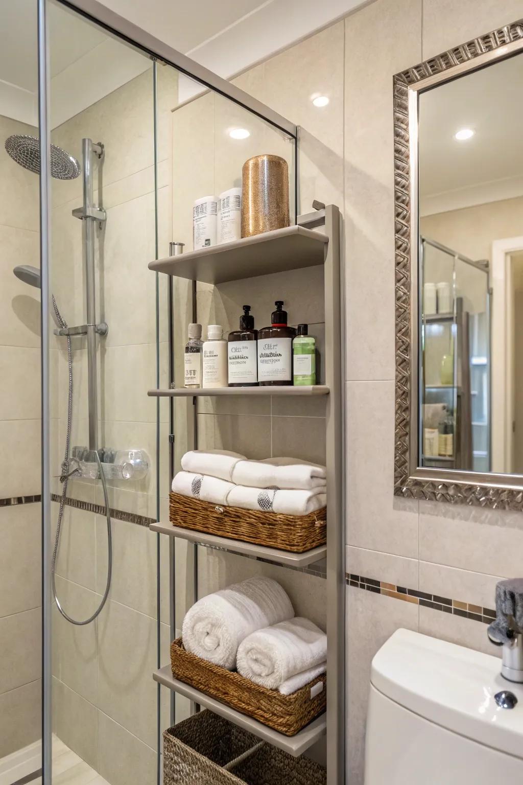 Integrated mirror panels maximize space and functionality in your shower.