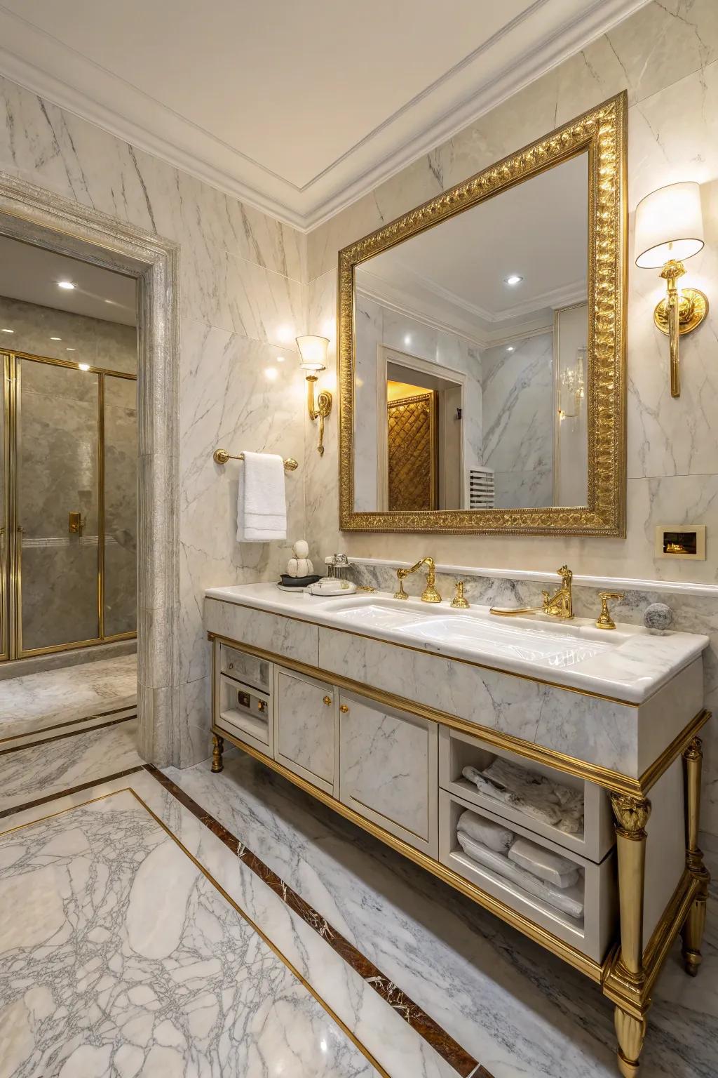 Luxury is redefined in this bathroom through elegant materials.