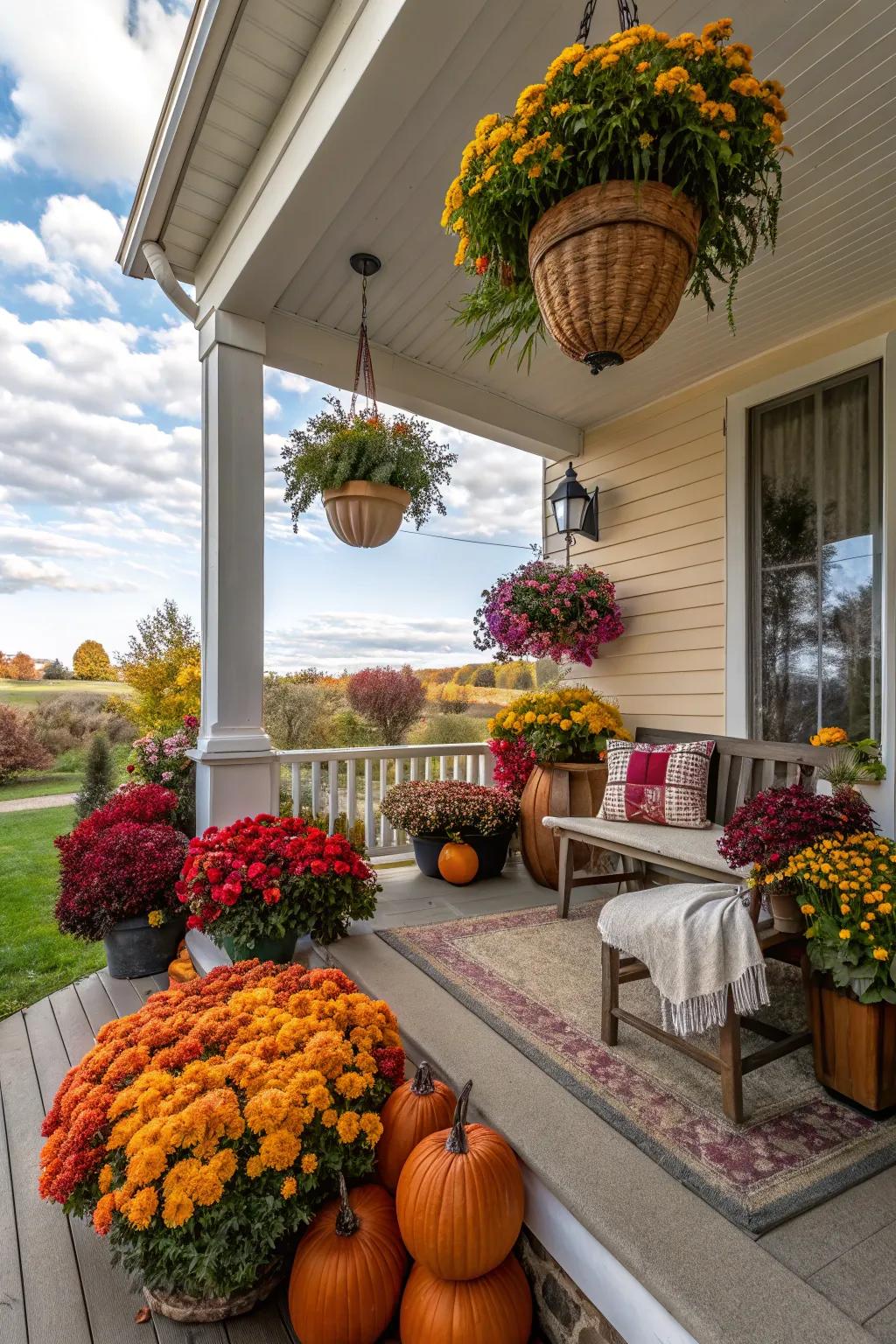 Seasonal decor sustaining the lively and attractive appeal of the veranda.
