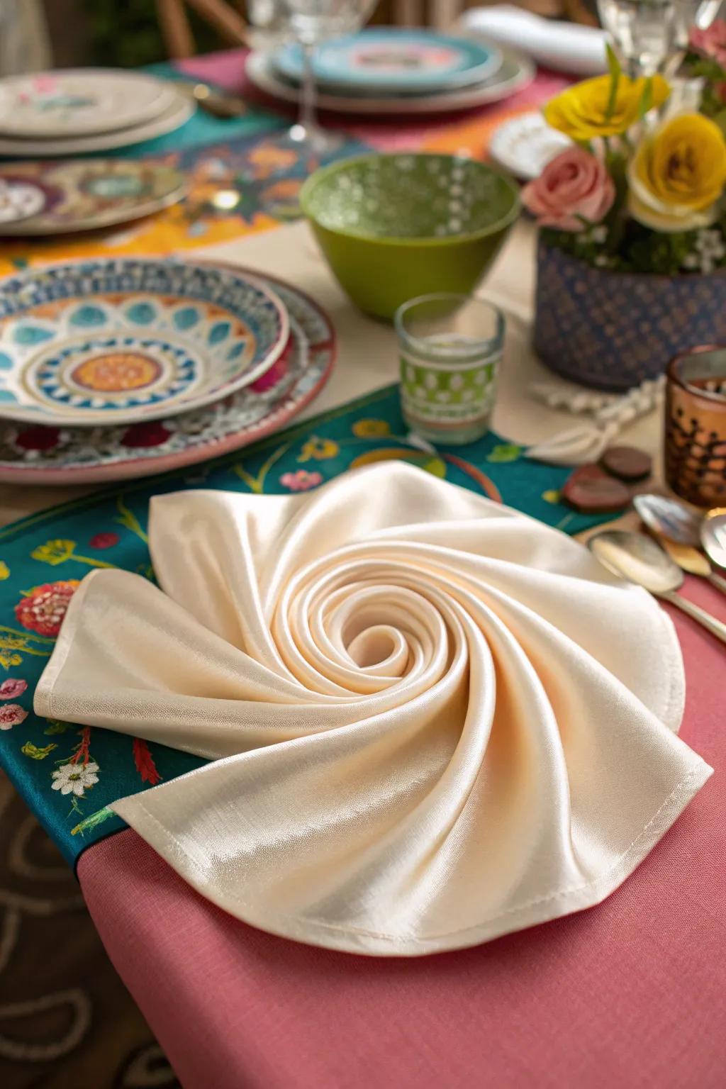 A cloth shaped into a captivating twisting curl, injecting a playful and dynamic element to your table.