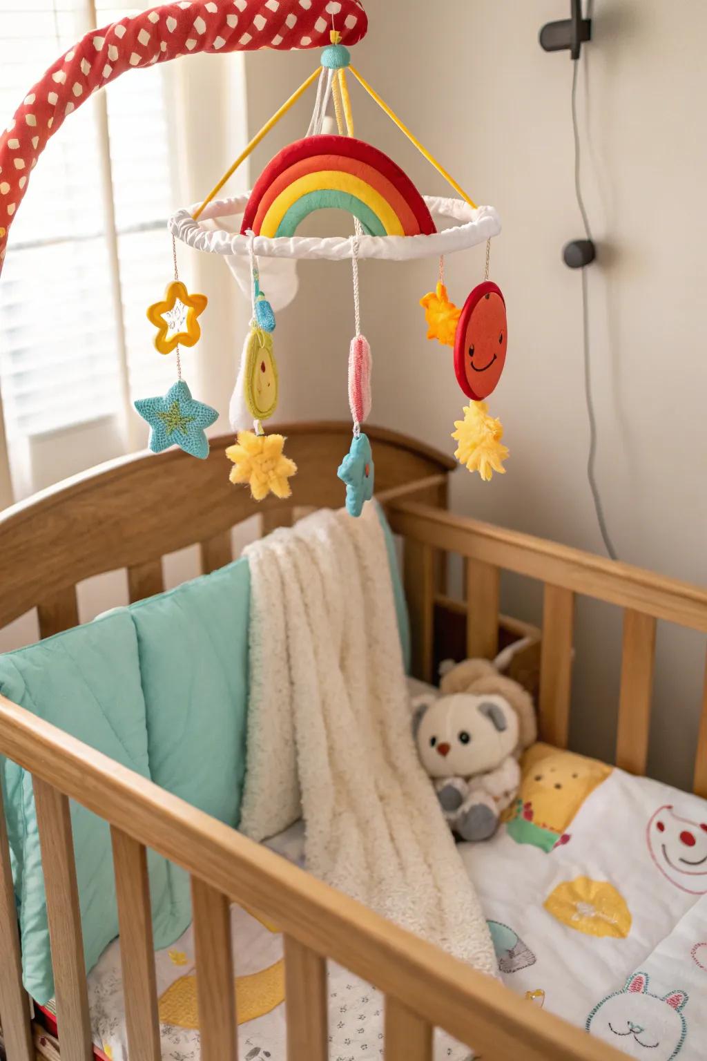 A vivid baby carousel contributes a whimsical detail to the nursery.
