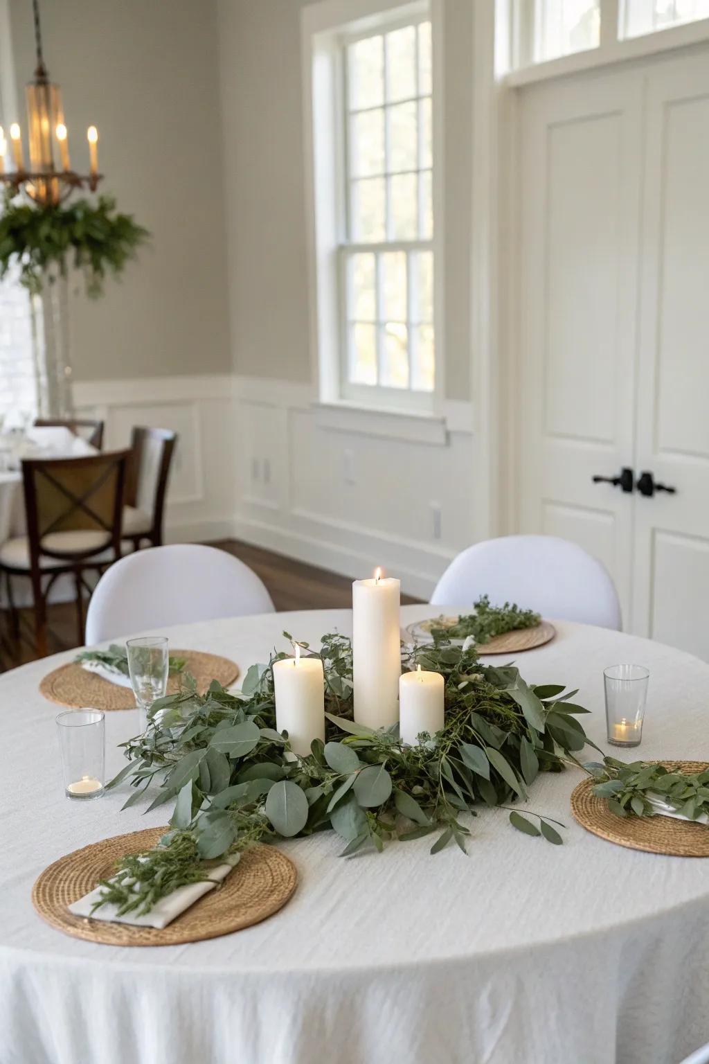 Eucalyptus and white candles cultivate a fresh and elegant centerpiece.