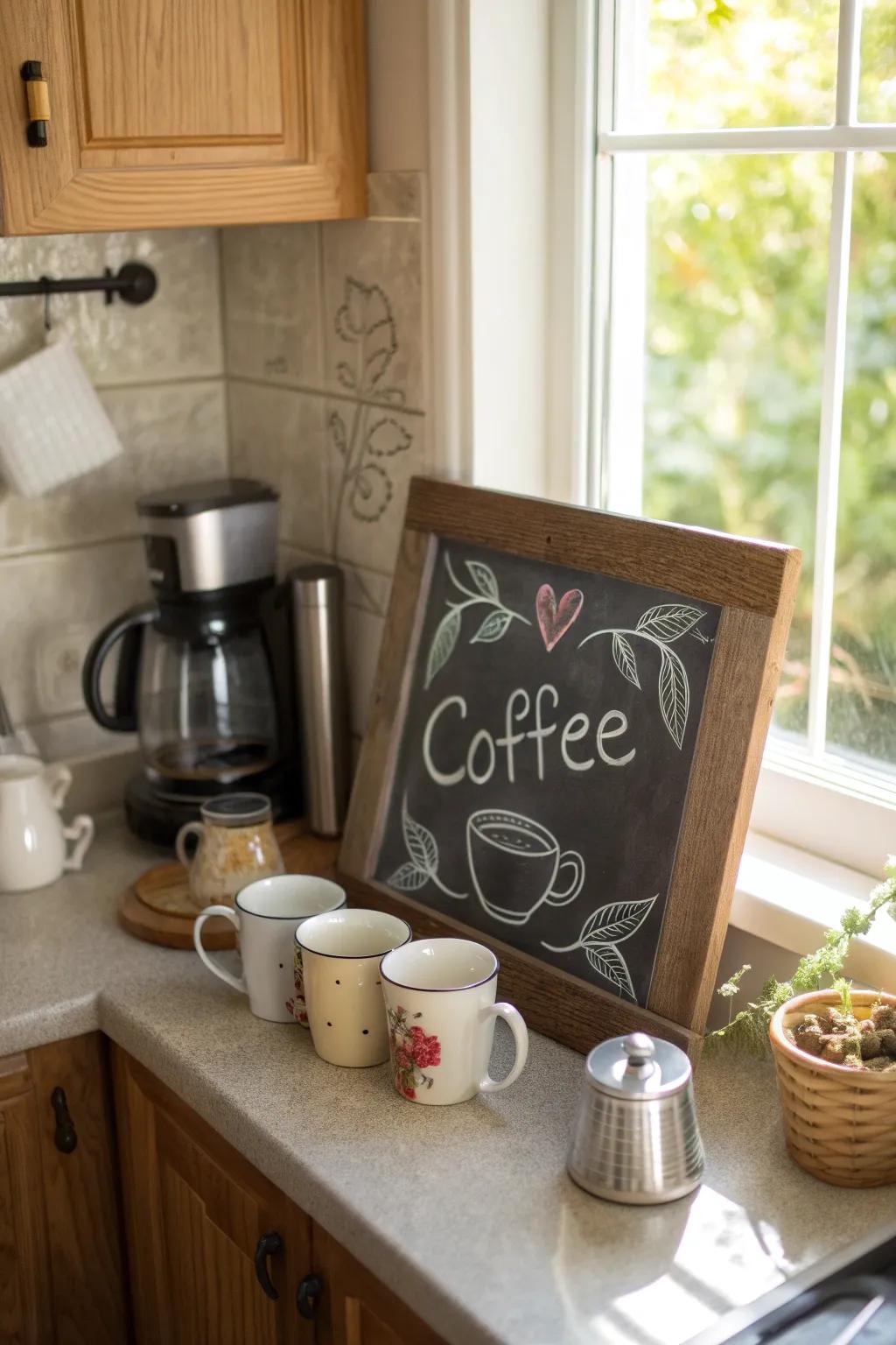 A kitchen nook featuring a chalkboard quote that celebrates the magic of coffee.