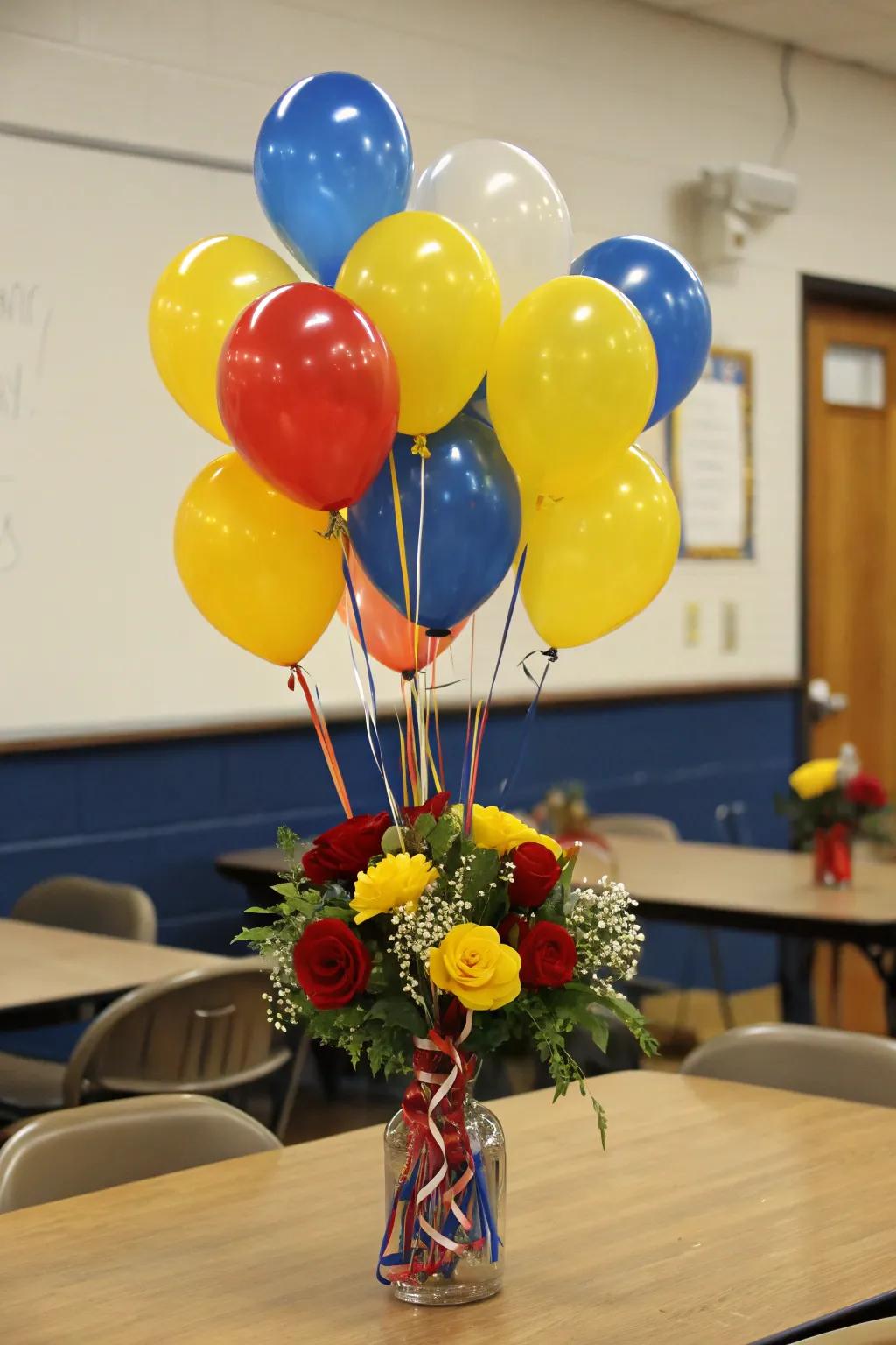 Balloon bouquets creating a festive and cheerful atmosphere.