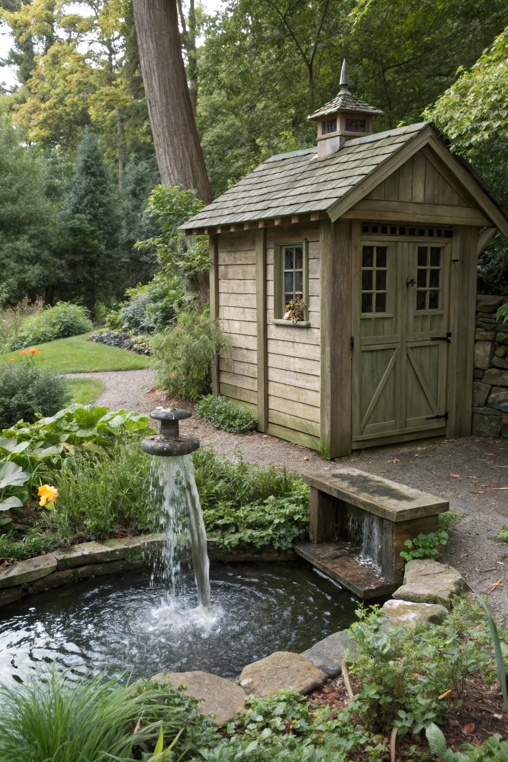A water feature enhances tranquility and sophistication in your shed's landscape.