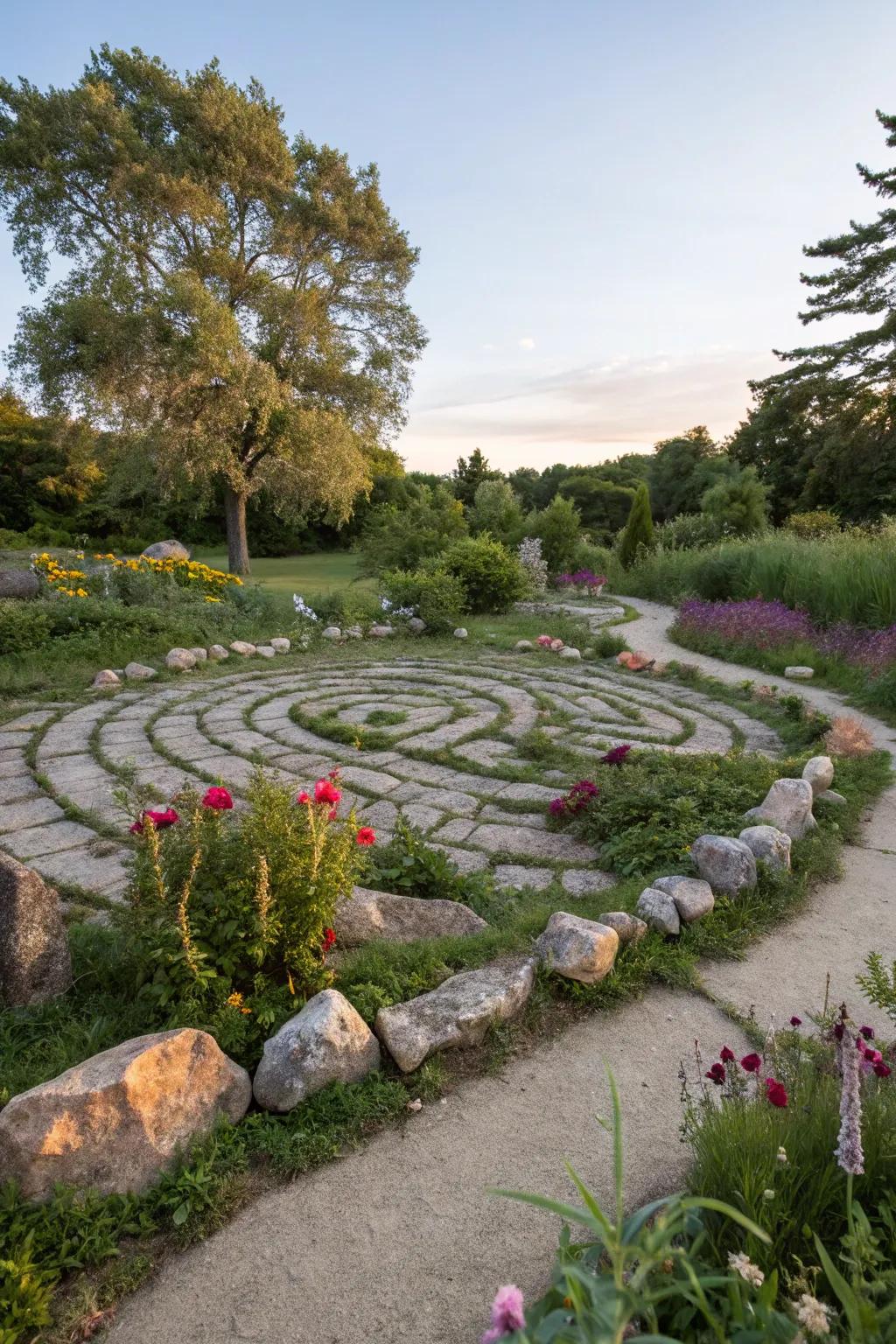 Rock mazes invite exploration and contemplation within gardens.