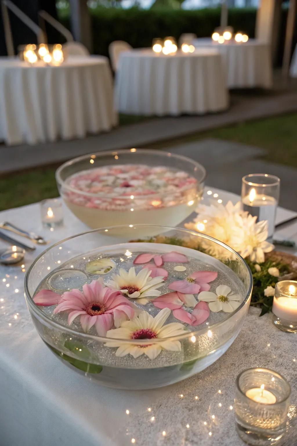 Buoyant blossom basins generate a straightforward yet stunning centerpiece.