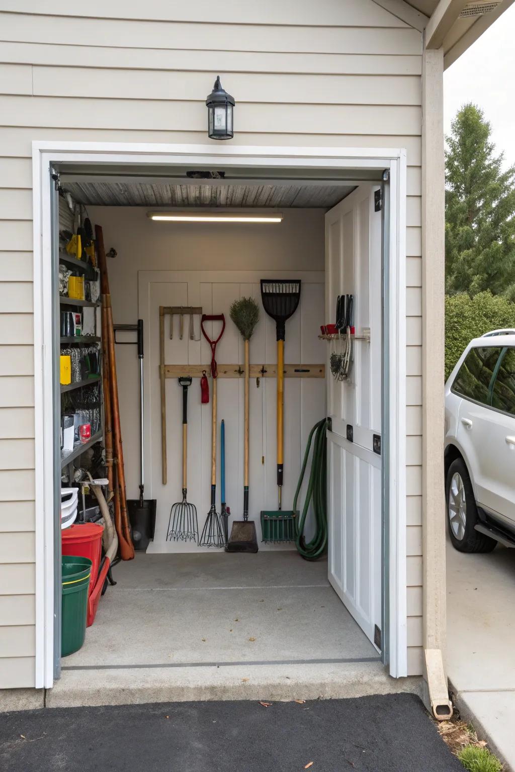 Effective storage of long-handled objects is facilitated by garden tool organizers.