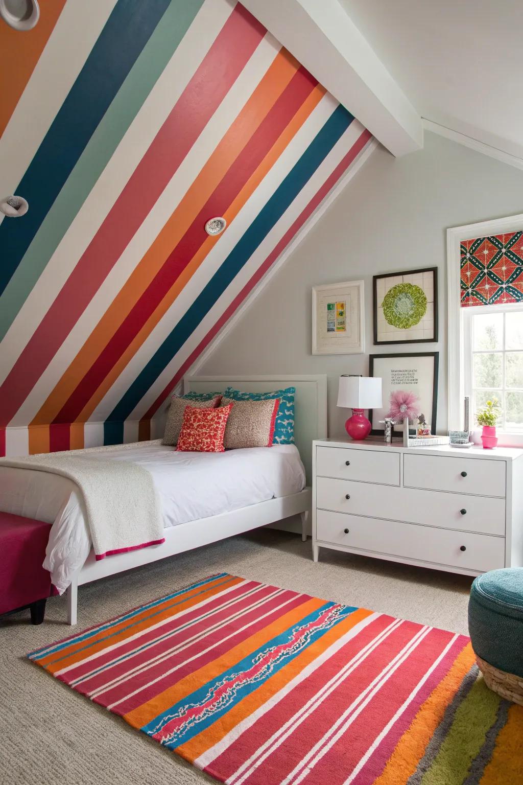 This vibrant bedroom is infused with energy and contemporary flair thanks to the stripes.