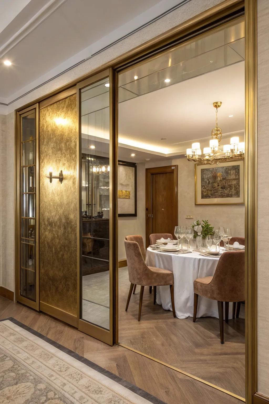 This metallic sliding door adds a touch of glamour to this dining area.