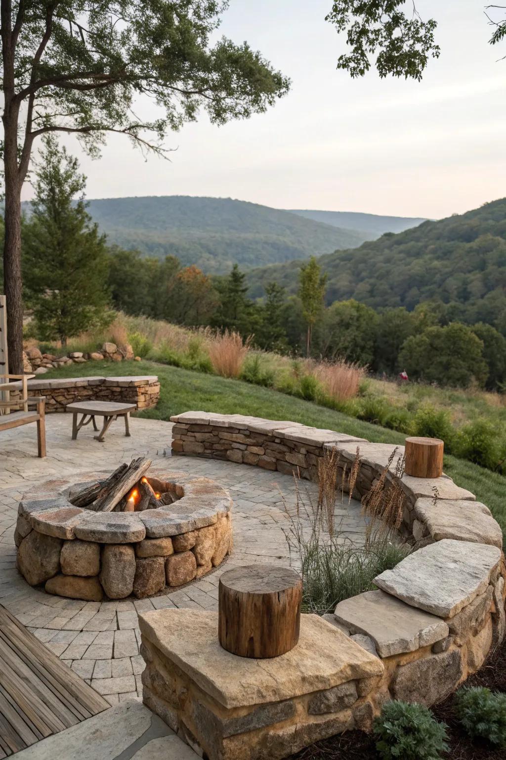 Natural stone and wood create a hearth area that feels part of the landscape.