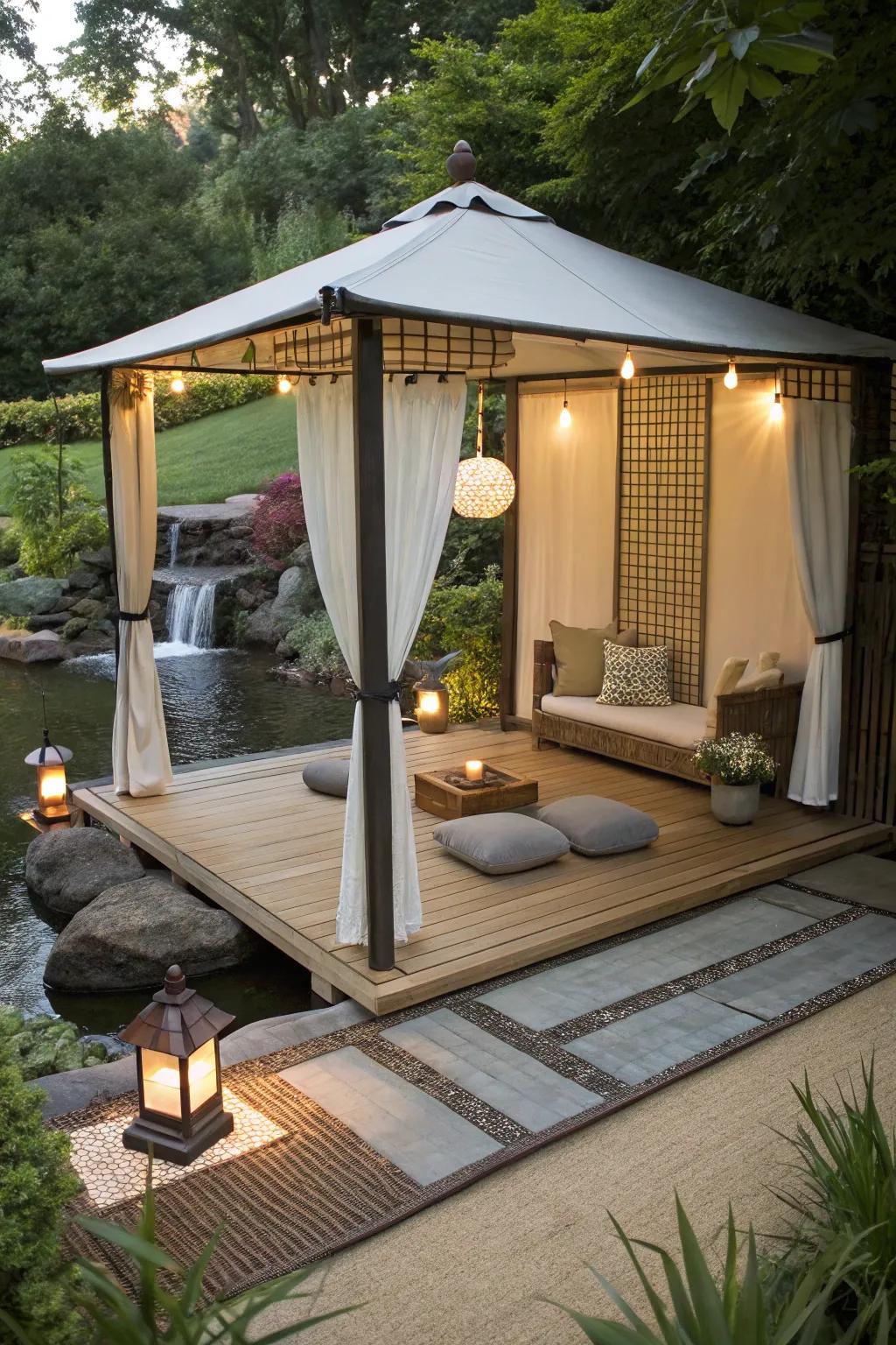 A zen contemplation space proffers a peaceful retreat.