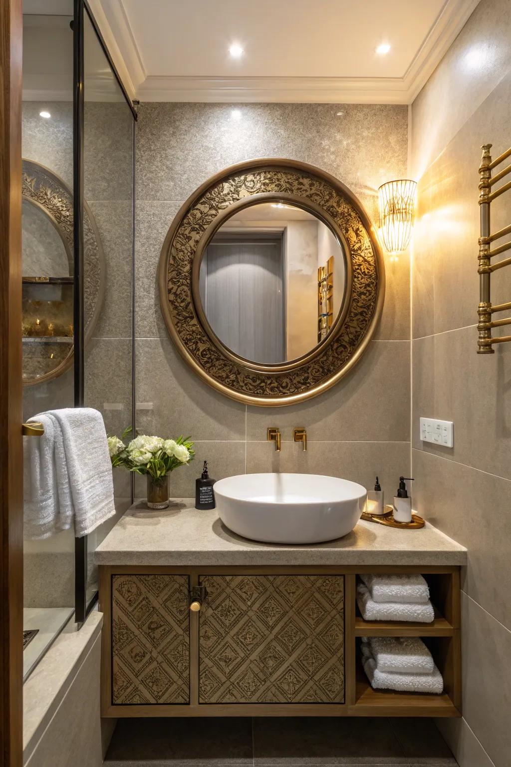 A bronze mirror enhances the space with timeless elegance.