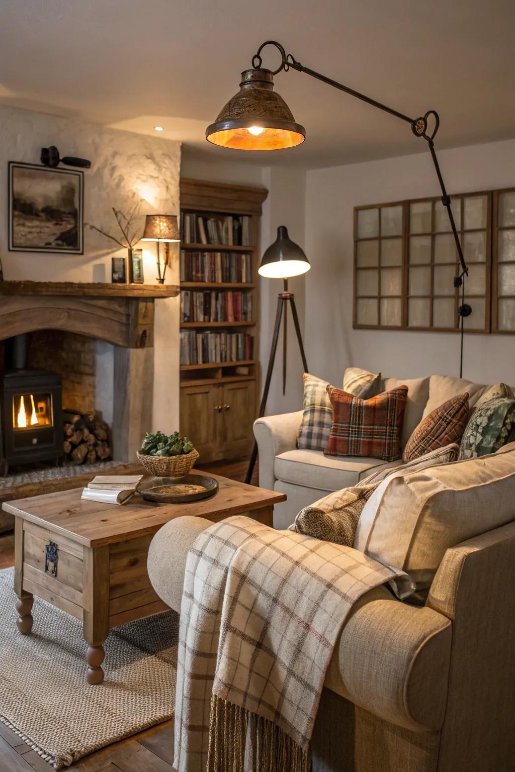 Versatile lighting sets the mood in this cozy living room.