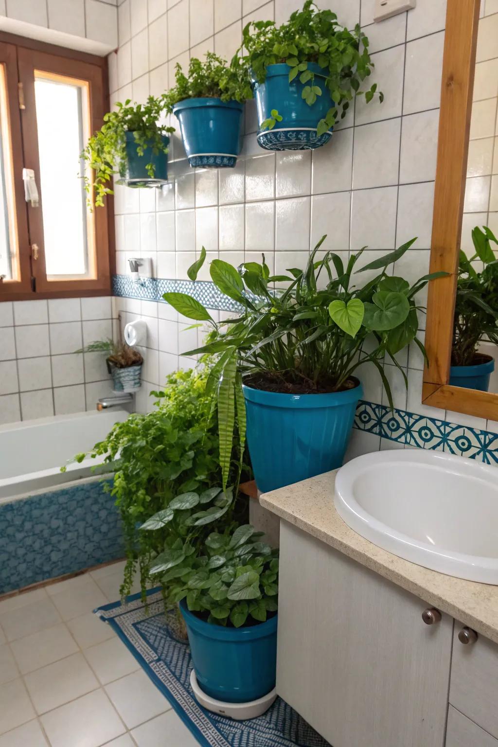 Blue planters and decorations bring a revitalizing and vibrant energy to the bathroom.