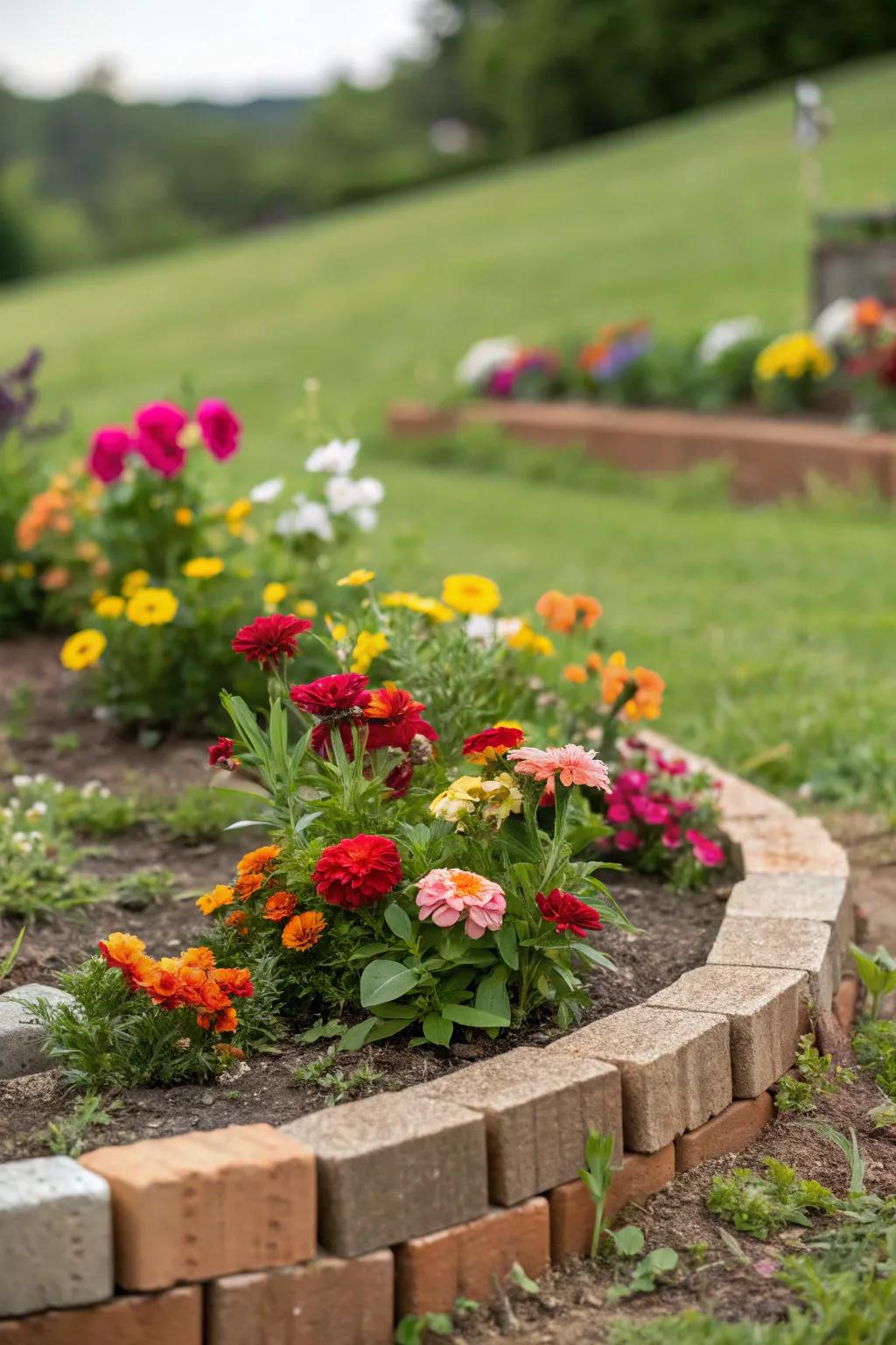 A sustainable compact flower garden featuring charming reused brick borders.