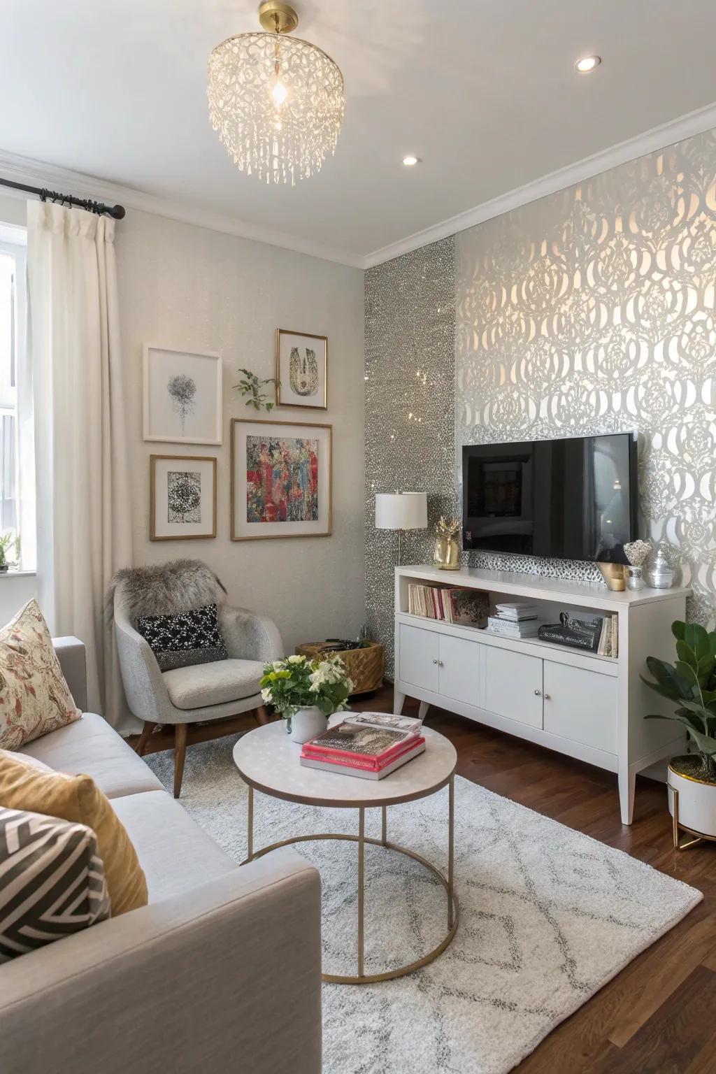 A compact living area featuring a shiny wall for added glamour.