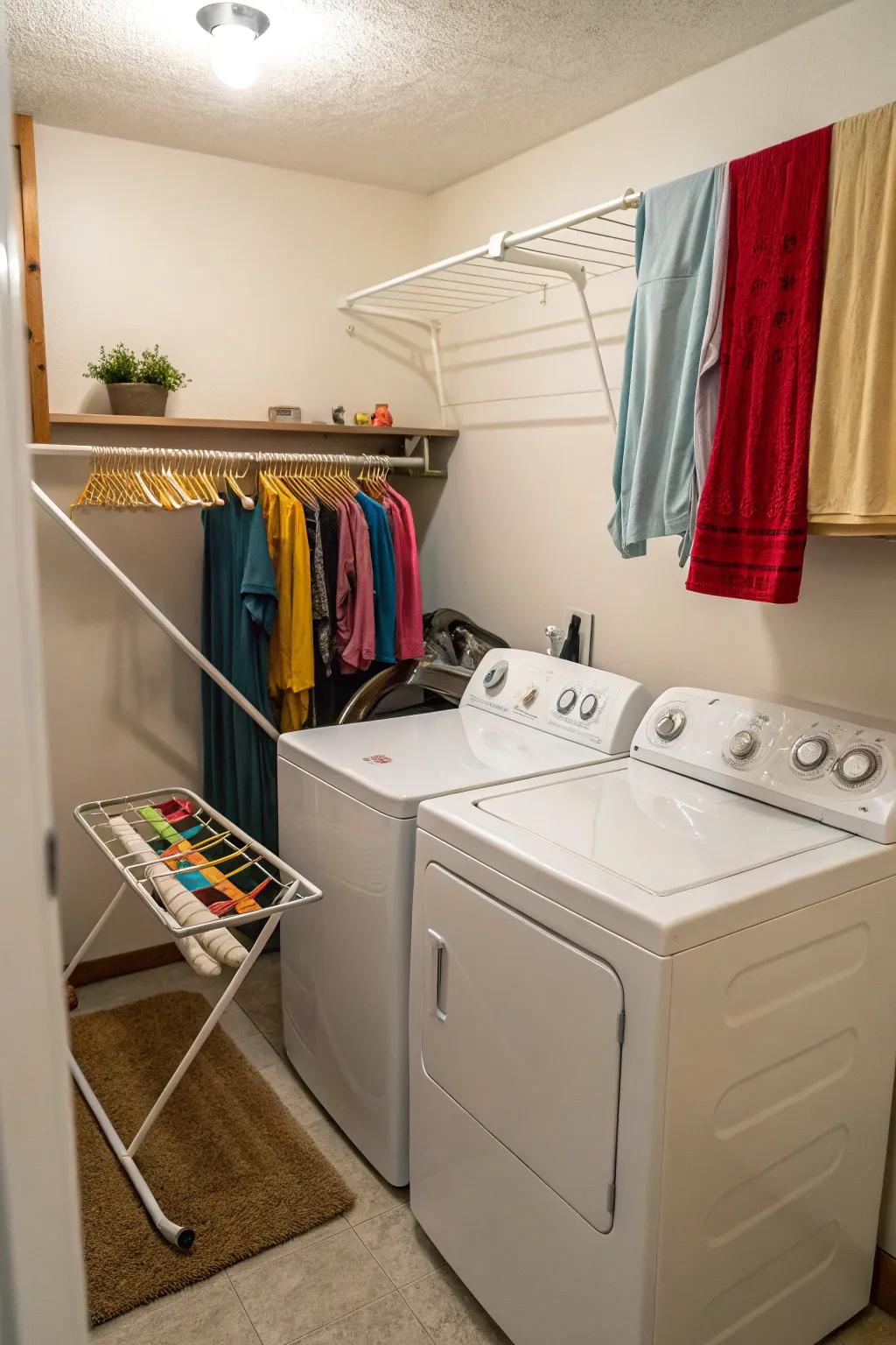 Use of vertical space through a drying rack situated above the washer.
