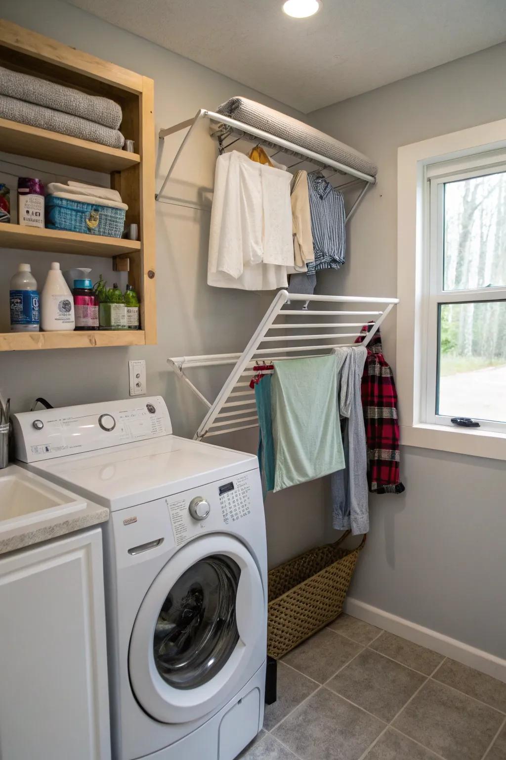 Fold-down racks are a smart solution for drying clothes in tight spaces.
