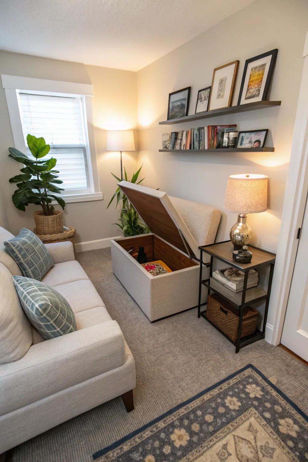 Hidden storage solutions keep your living room organized.