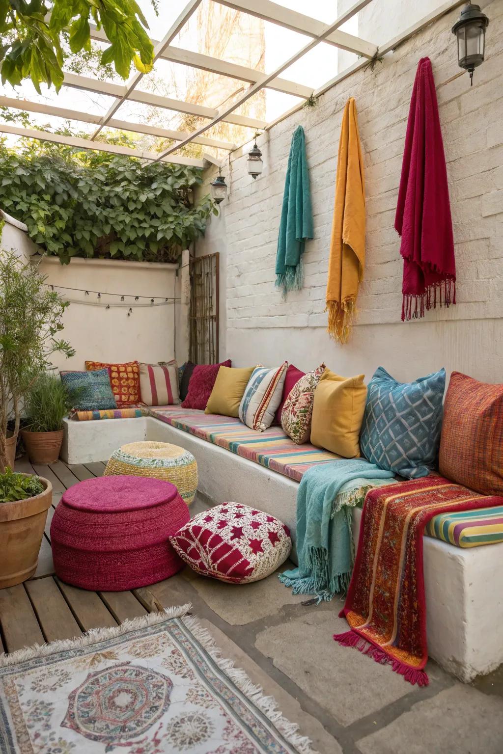 Colorful textiles impart warmth and individuality to your outdoor expanse.