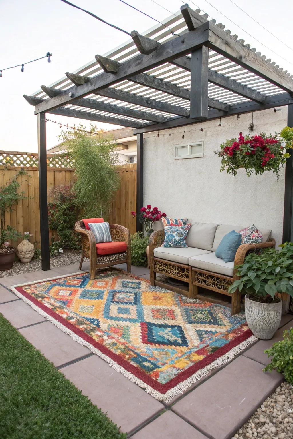 An outdoor carpet introduces color and comfort beneath a small framework.