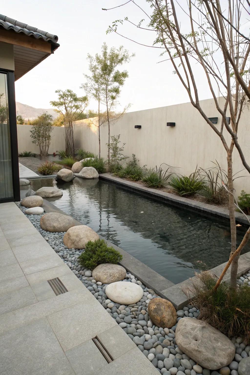 A Zen-inspired pool area utilizing minimalistic design encourages leisure and tranquility.