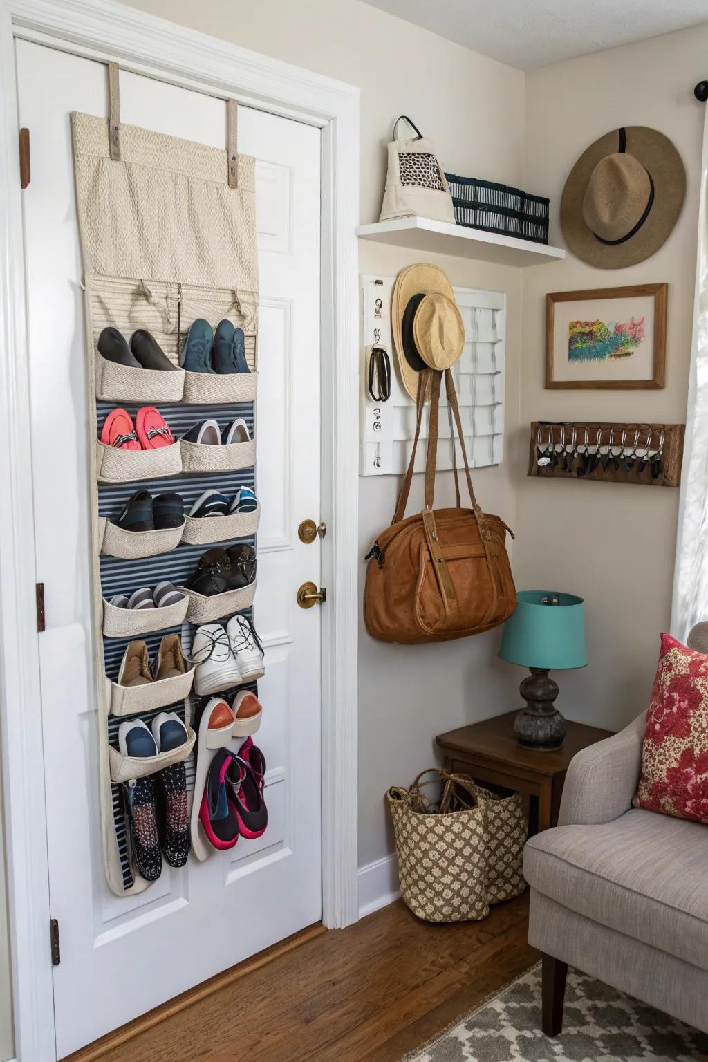Door-mounted organizers maximize unused space.