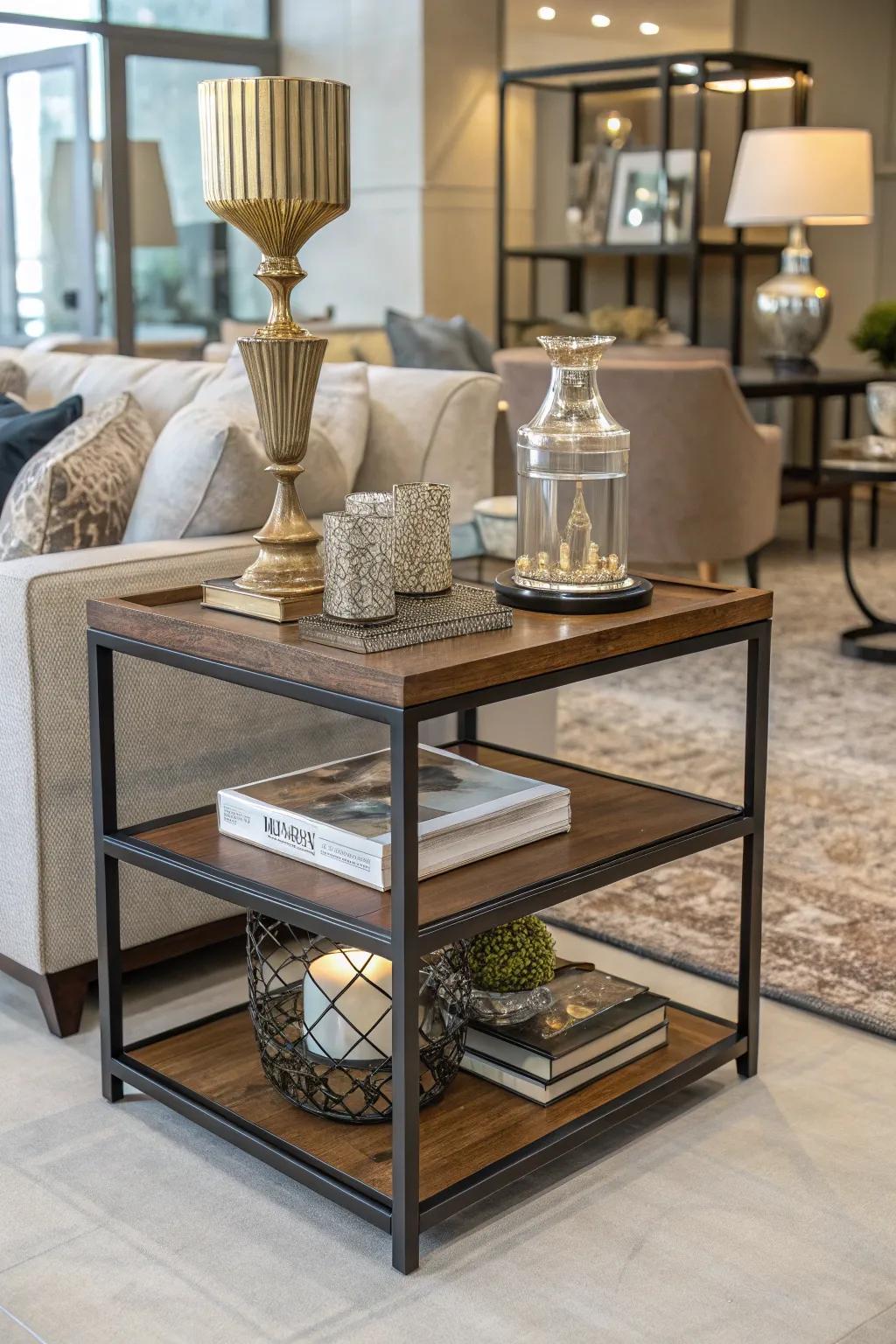 Mixed materials introduce texture and interest to a side table.
