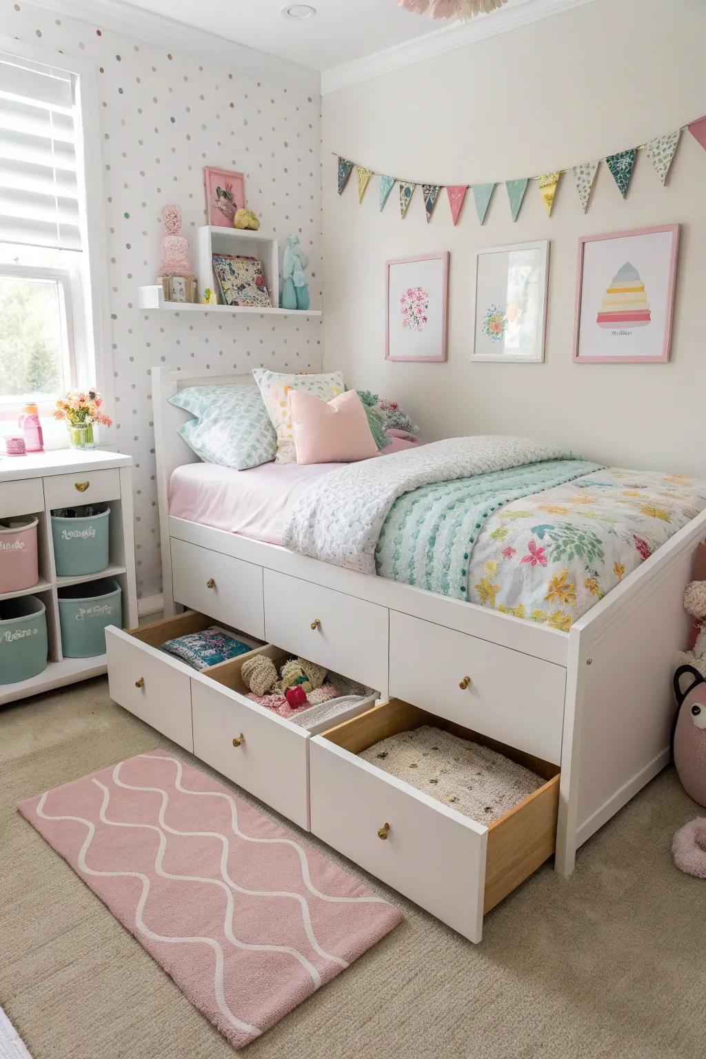 Concealed storage maintains the space orderly and spacious.
