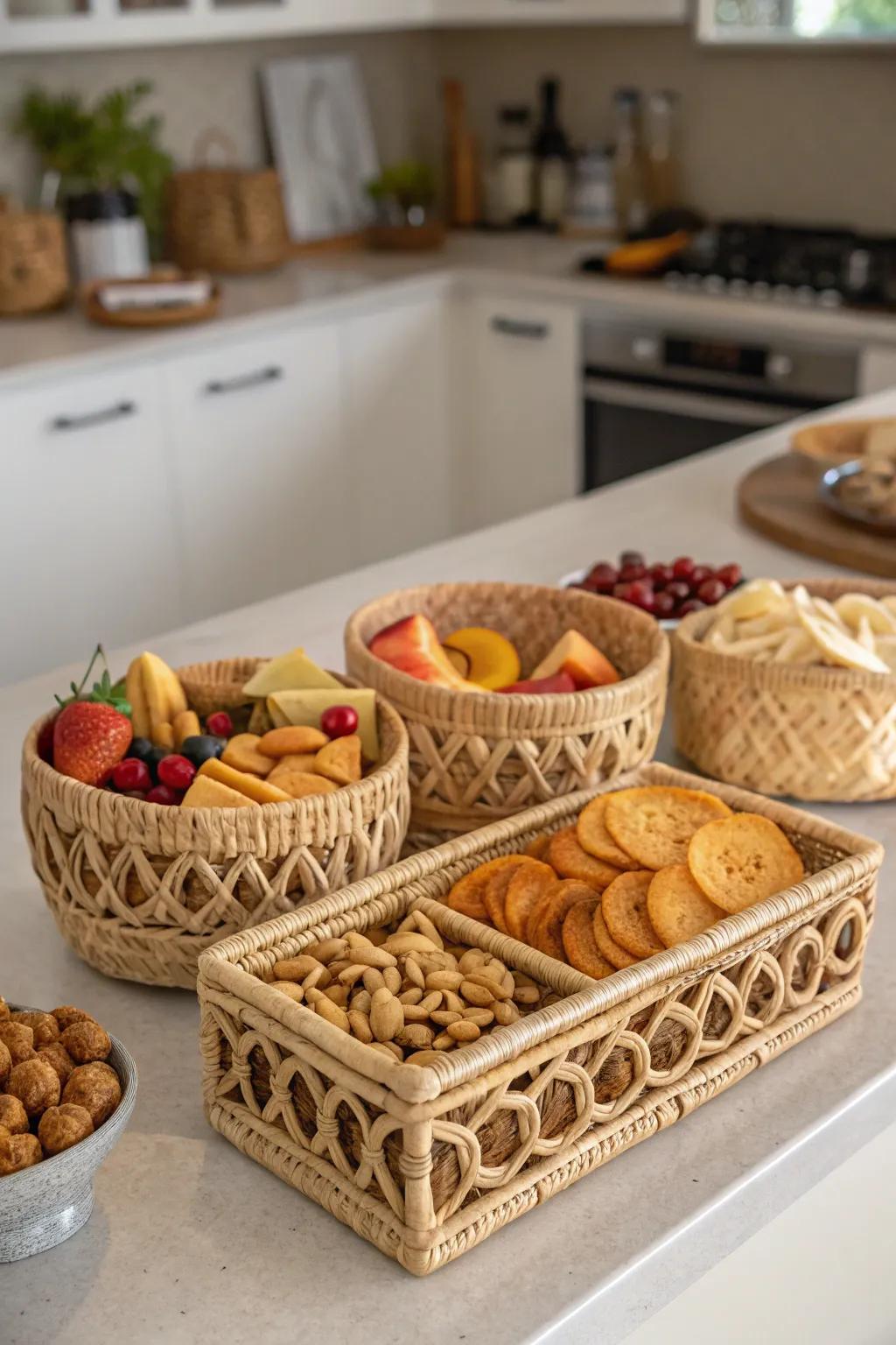 Decorative baskets combine style and functionality in snack storage.