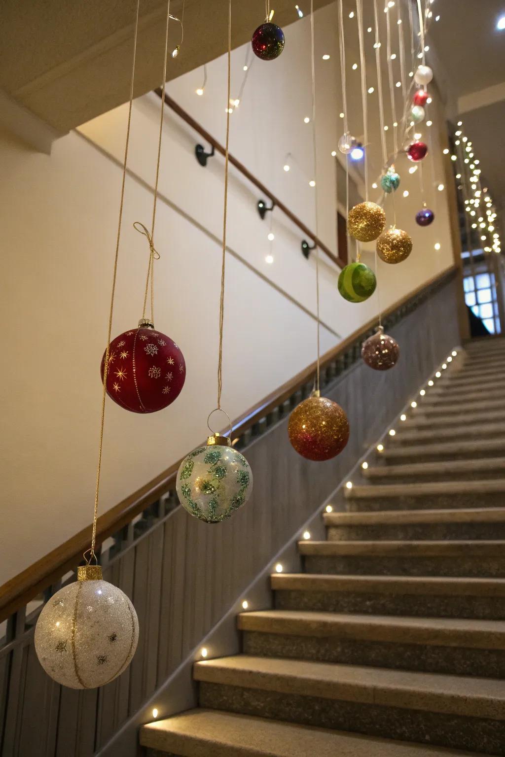 Hovering baubles establish an unforeseen surprise above the staircase.