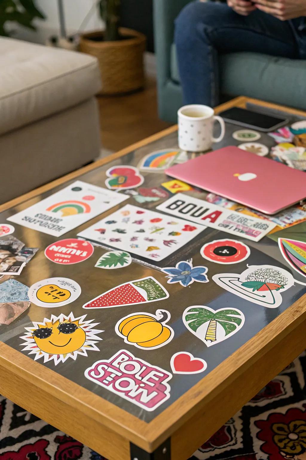 Personalize furniture by adding stickers to a tabletop.