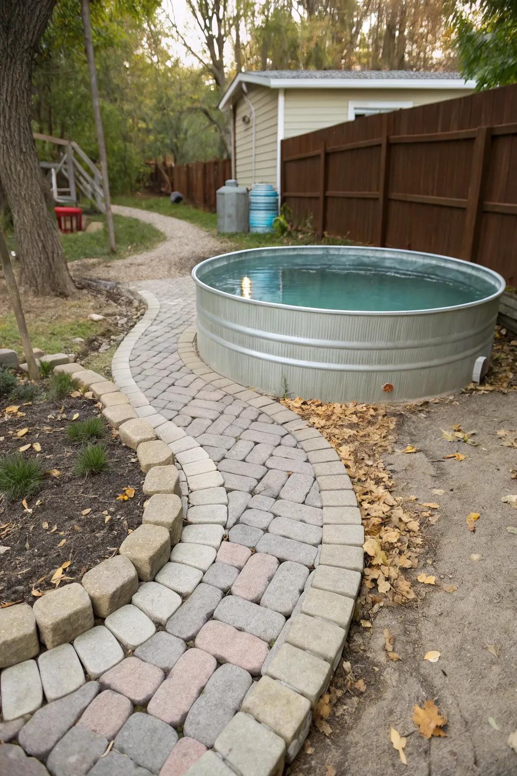 Pavers impart a sleek and sophisticated ambiance within a water trough pool space.