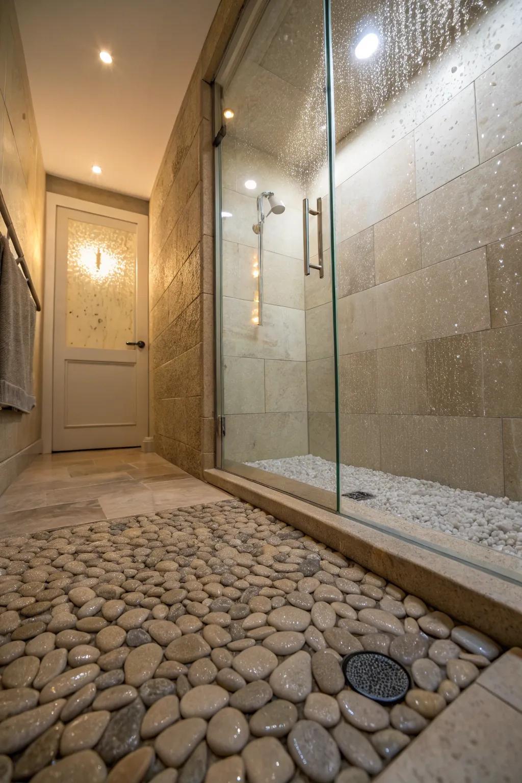 Textured stone flooring offers traction and tactile appeal.