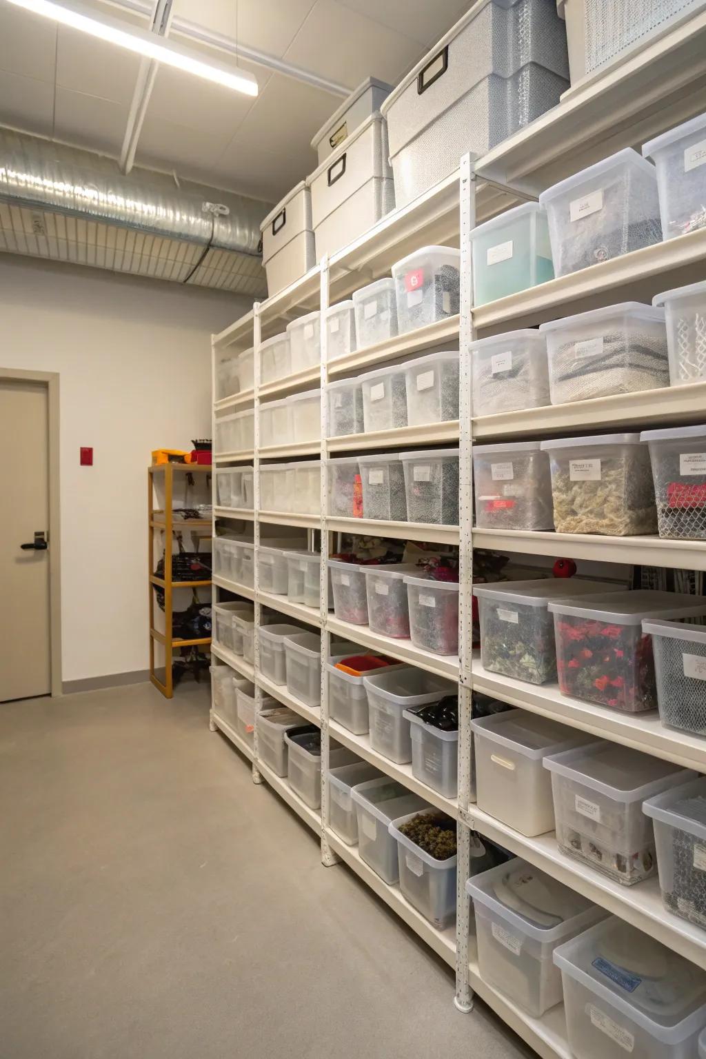 Identifying stored items is simplified with transparent containers.