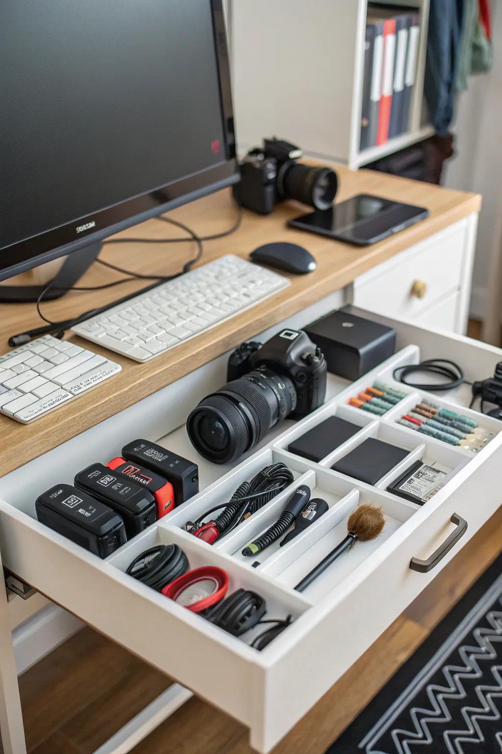 Stay organized with dedicated accessory storage.