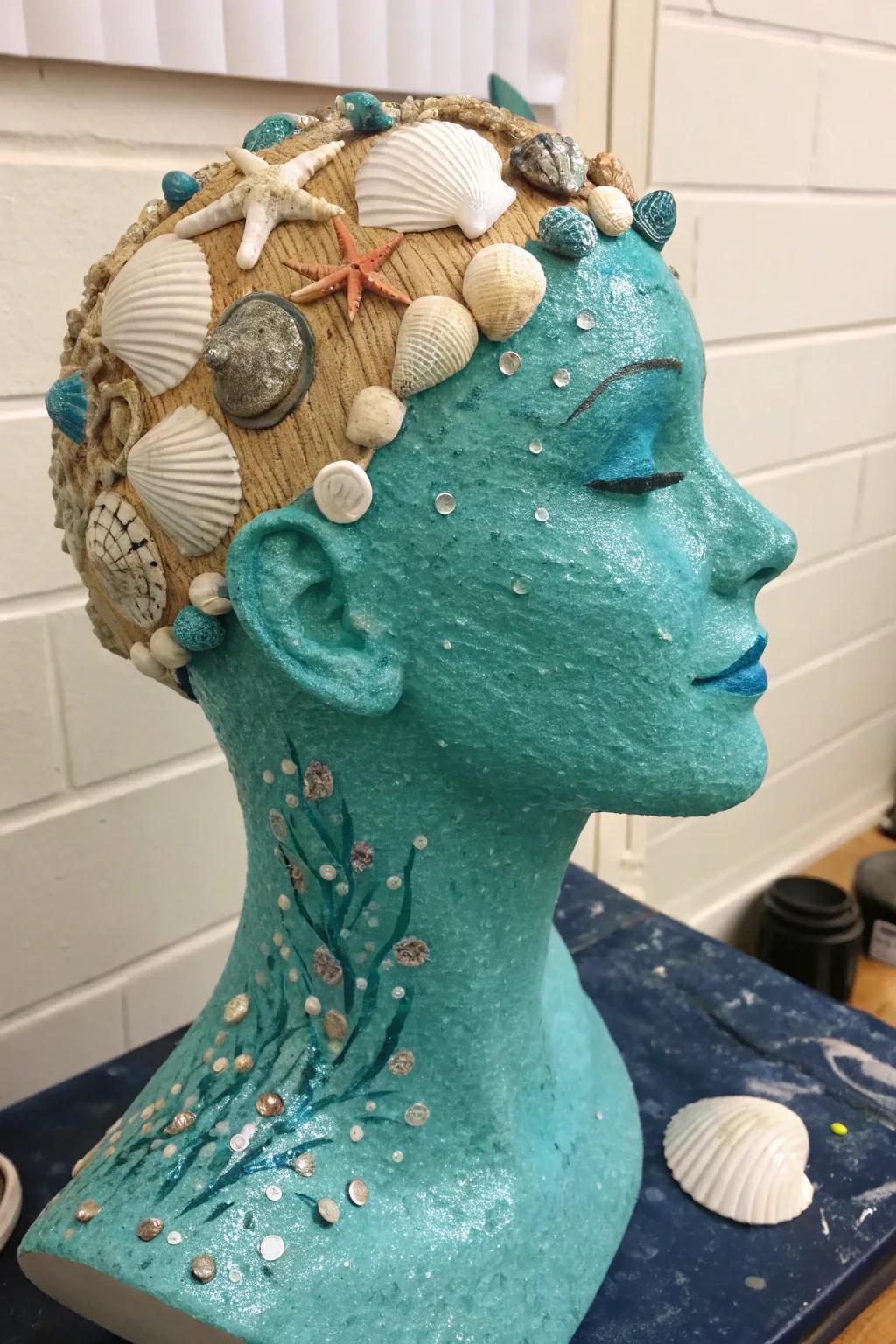 A sea siren head that encapsulates the enchantment of the ocean.