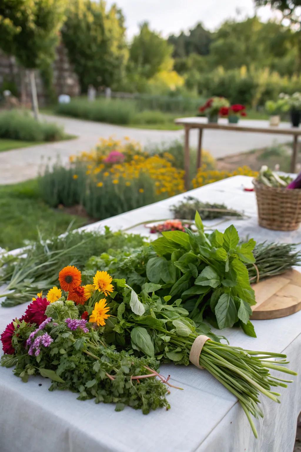 A table decorated with fresh herbs and garden blossoms.