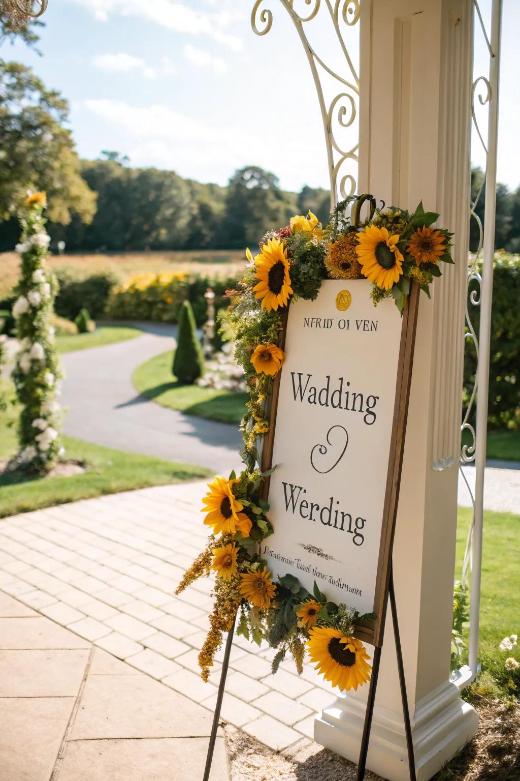 A welcoming marriage sign adorned with sunshine blooms.